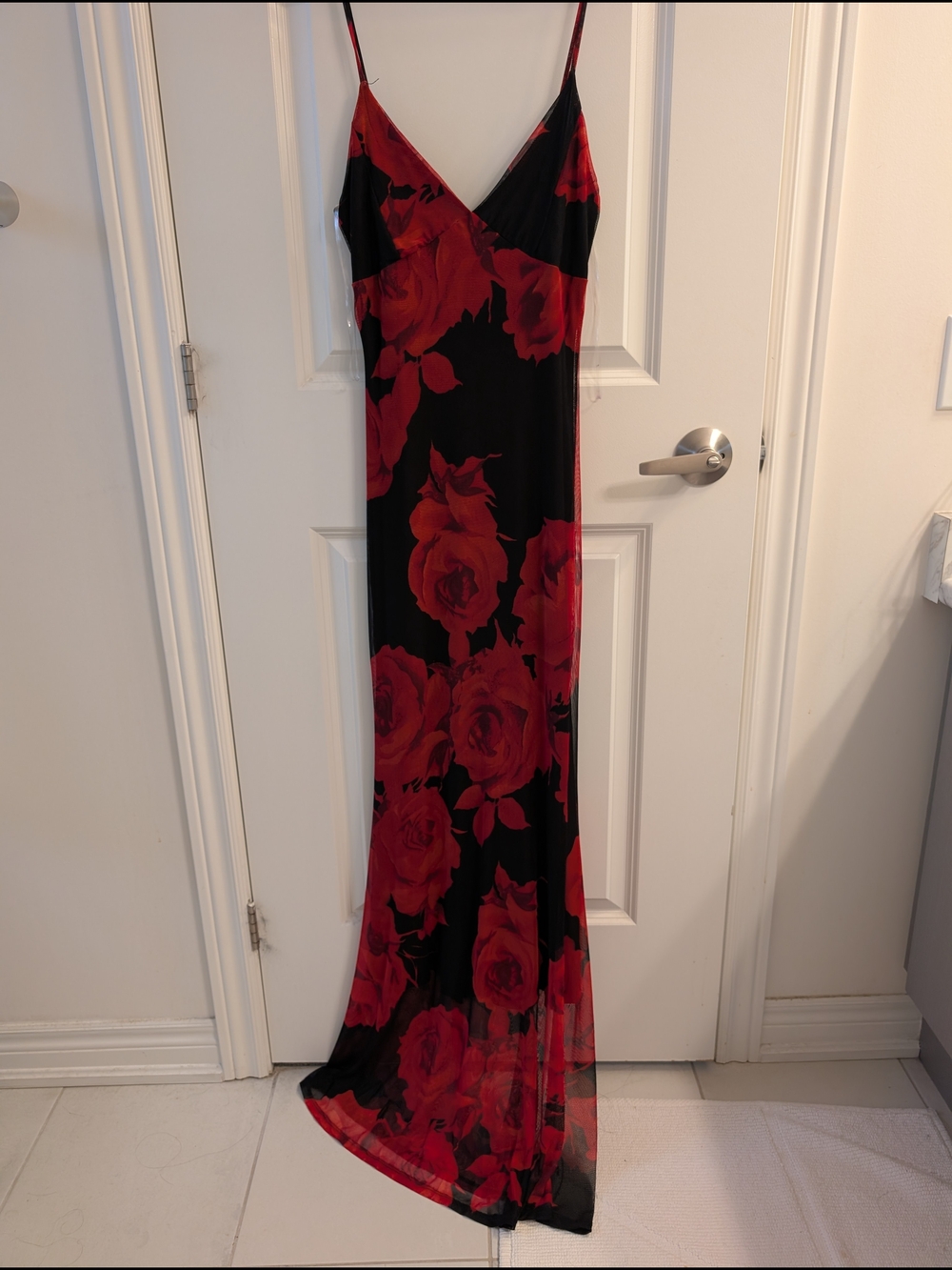 Red Rose Print Mesh Dress